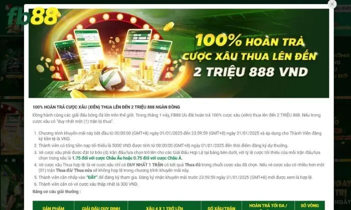 Nội dung chương trình khuyến mãi hoàn tiền cược xâu FB88